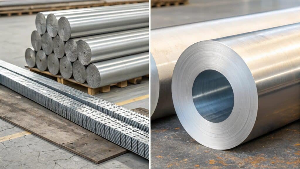 alt with keywords: infographic comparing a 5-series aluminum product (e.g., boat hull) and a 6-series aluminum product (e.g., extruded profile), highlighting "Magnesium - Work Hardened" vs "Magnesium + Silicon - Heat Treated"